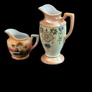 Vintage Hand Painted Japan Pottery Creamer Vase Set of Two